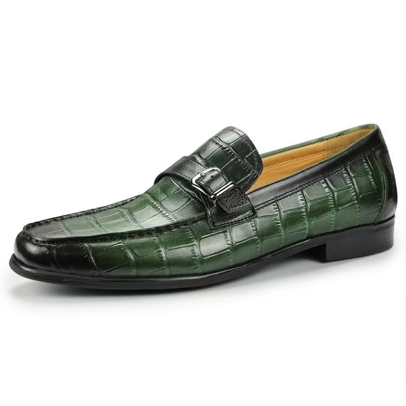 Mocassins Masculinos Couro Crocodilo Exótico Biqueira Metal Deslizantes - Verde