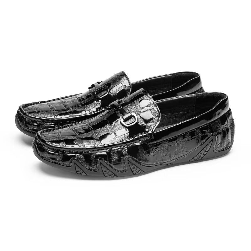 Mocassins Masculinos Couro Crocodilo Exótico Com Biqueira Metal - Preto