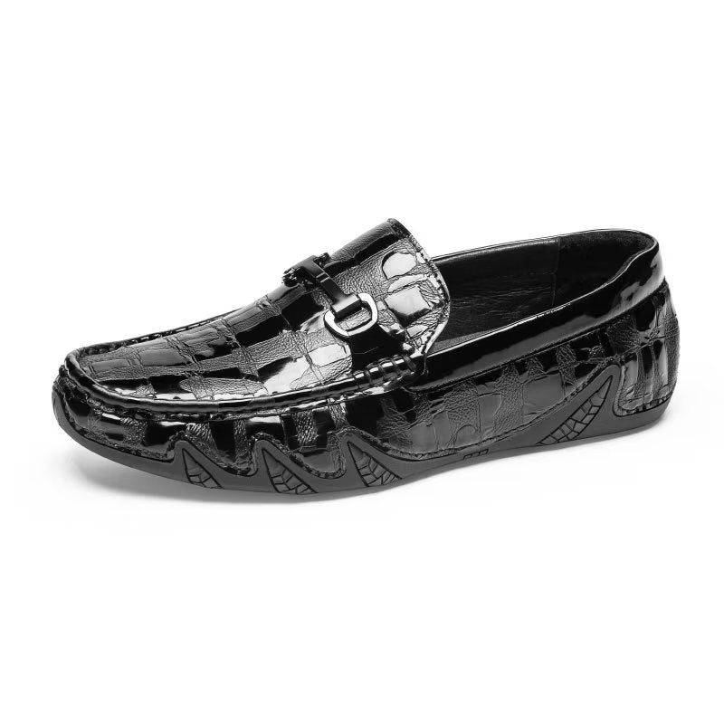 Mocassins Masculinos Couro Crocodilo Exótico Com Biqueira Metal - Preto