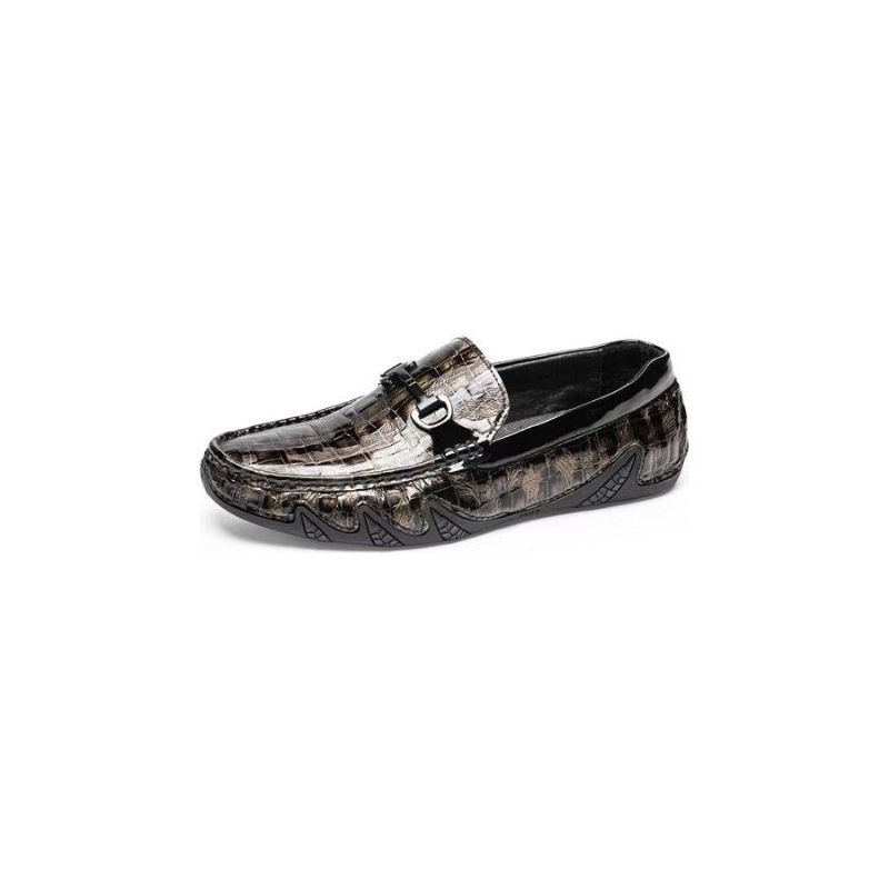 Mocassins Masculinos Couro Crocodilo Exótico Com Biqueira Metal - Café