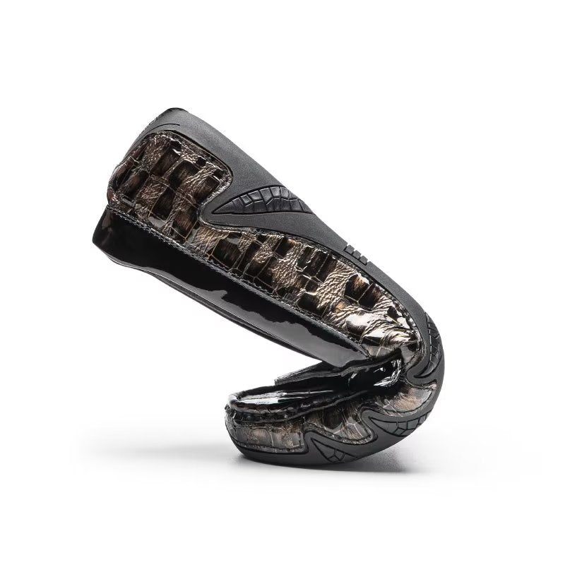 Mocassins Masculinos Couro Crocodilo Exótico Com Biqueira Metal - Café