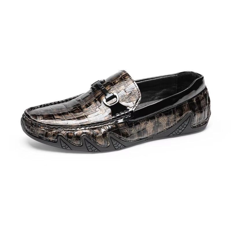 Mocassins Masculinos Couro Crocodilo Exótico Com Biqueira Metal - Café