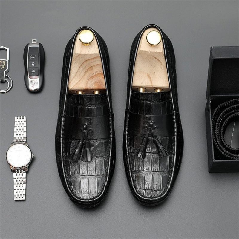 Mocassins Masculinos Couro Derby Elegantes Com Textura Jacaré - Preto