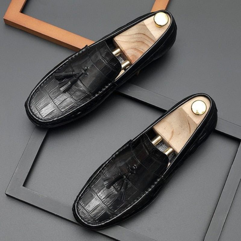 Mocassins Masculinos Couro Derby Elegantes Com Textura Jacaré - Preto