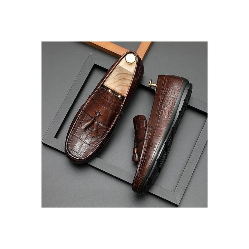 Mocassins Masculinos Couro Derby Elegantes Com Textura Jacaré - Café