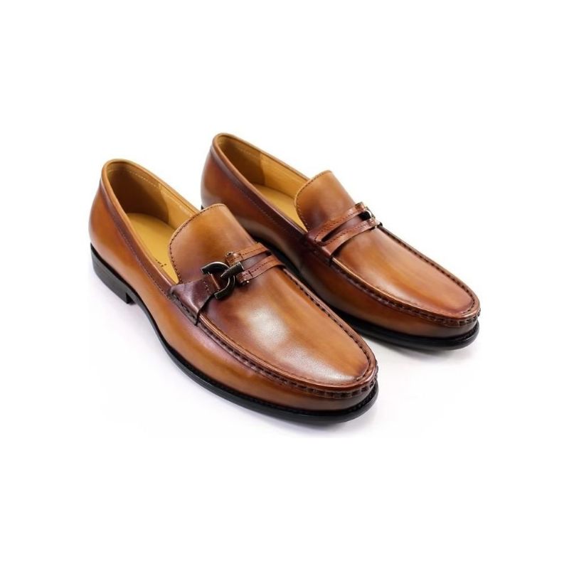 Mocassins Masculinos Couro Elegante Com Deslizamento Em Sapatos Brogue - Marrom