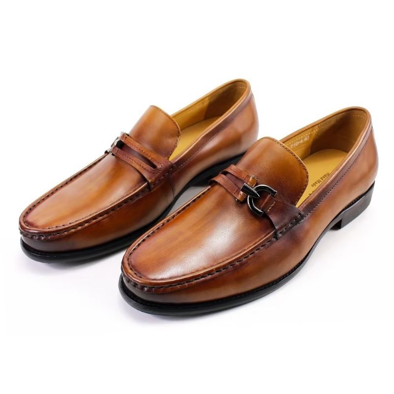 Mocassins Masculinos Couro Elegante Com Deslizamento Em Sapatos Brogue - Marrom