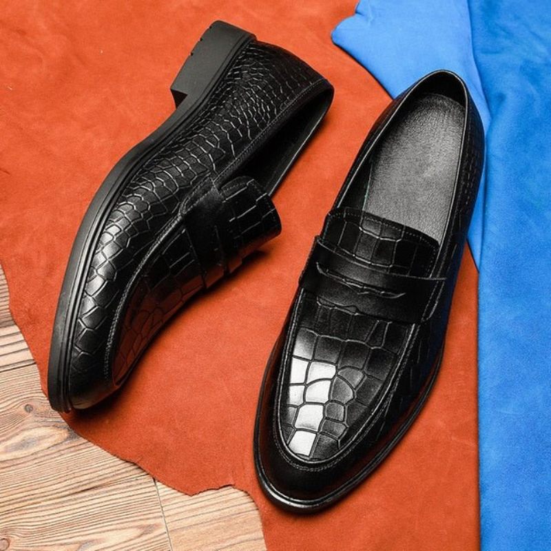 Mocassins Masculinos Couro Exótico Slip-on Brogue - Preto