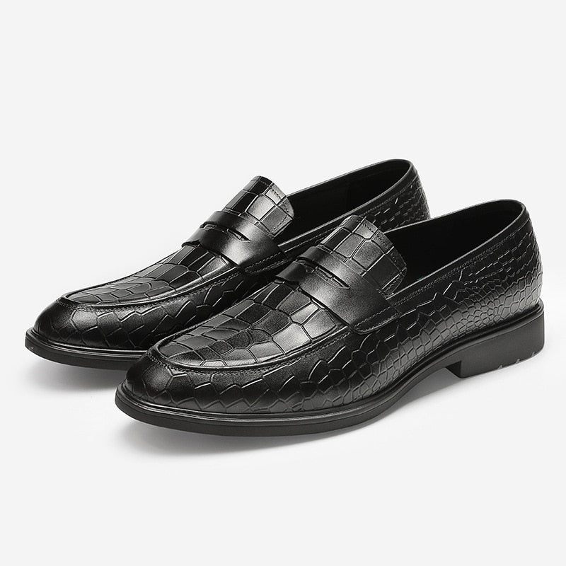 Mocassins Masculinos Couro Exótico Slip-on Brogue - Preto