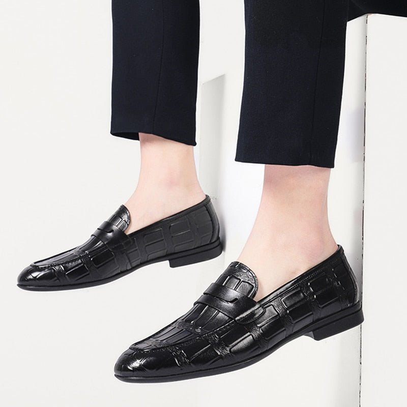 Mocassins Masculinos Couro Genuíno Com Relevo Slip-on Elegância - Preto