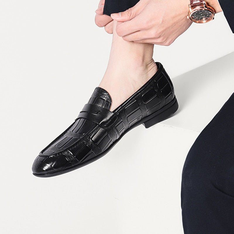 Mocassins Masculinos Couro Genuíno Com Relevo Slip-on Elegância - Preto