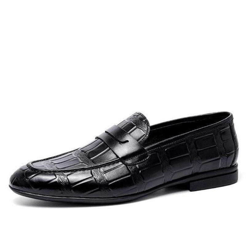 Mocassins Masculinos Couro Genuíno Com Relevo Slip-on Elegância - Preto