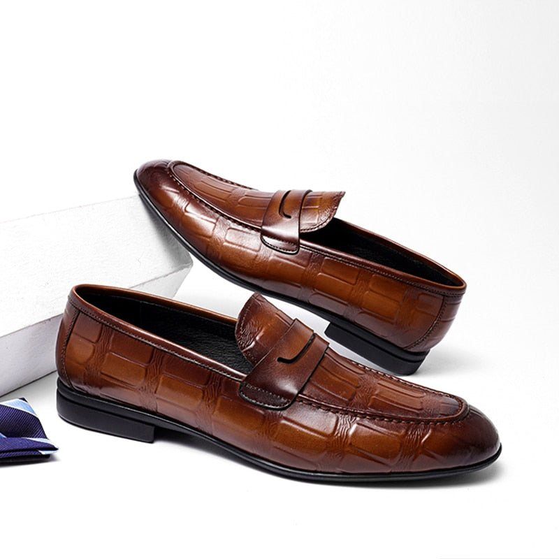 Mocassins Masculinos Couro Genuíno Com Relevo Slip-on Elegância - Café