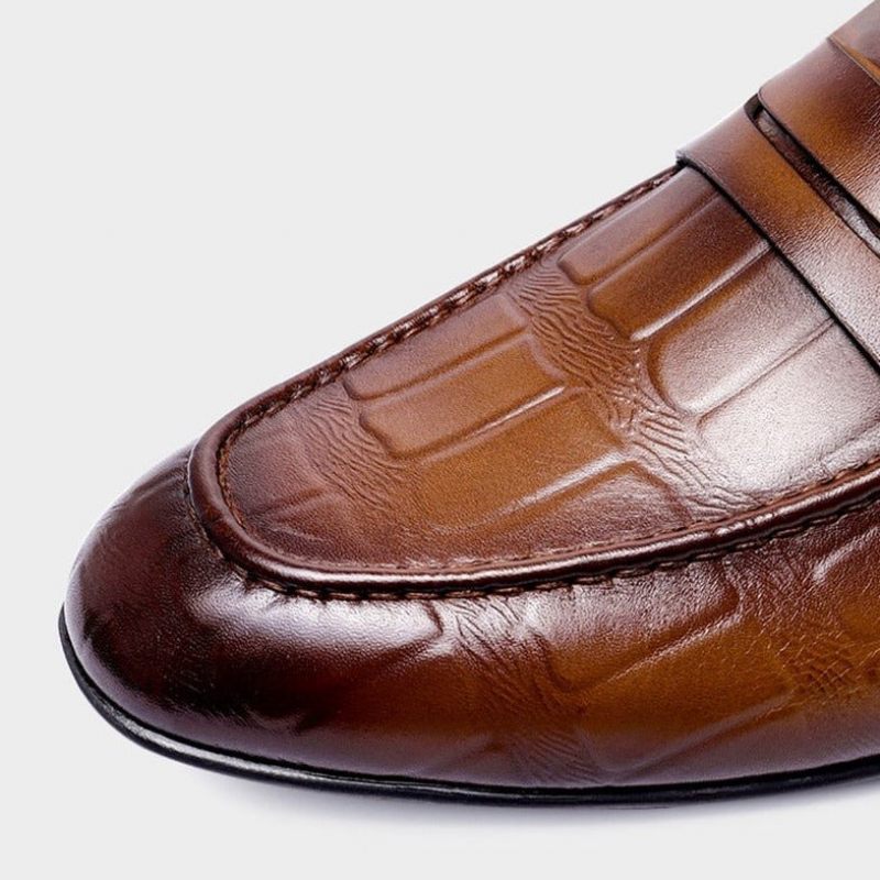 Mocassins Masculinos Couro Genuíno Com Relevo Slip-on Elegância - Café