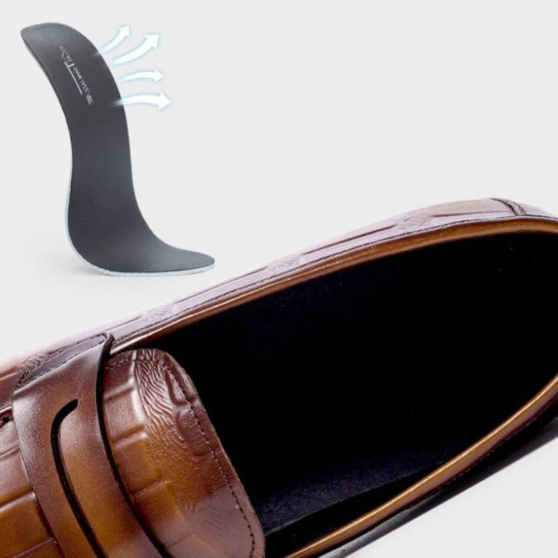 Mocassins Masculinos Couro Genuíno Com Relevo Slip-on Elegância - Café