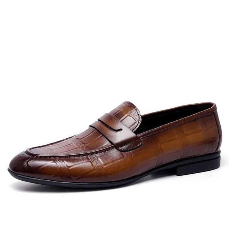 Mocassins Masculinos Couro Genuíno Com Relevo Slip-on Elegância - Café