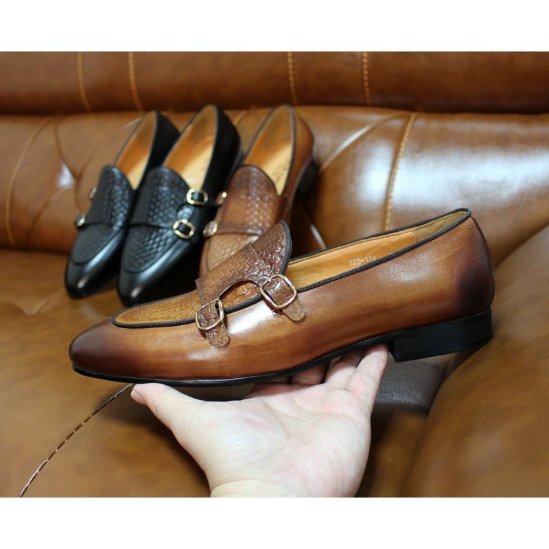 Mocassins Masculinos Couro Suave Com Alça Monge Para Casamento - Café