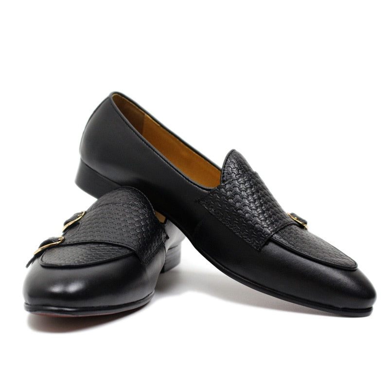 Mocassins Masculinos Couro Suave Com Alça Monge Para Casamento - Preto