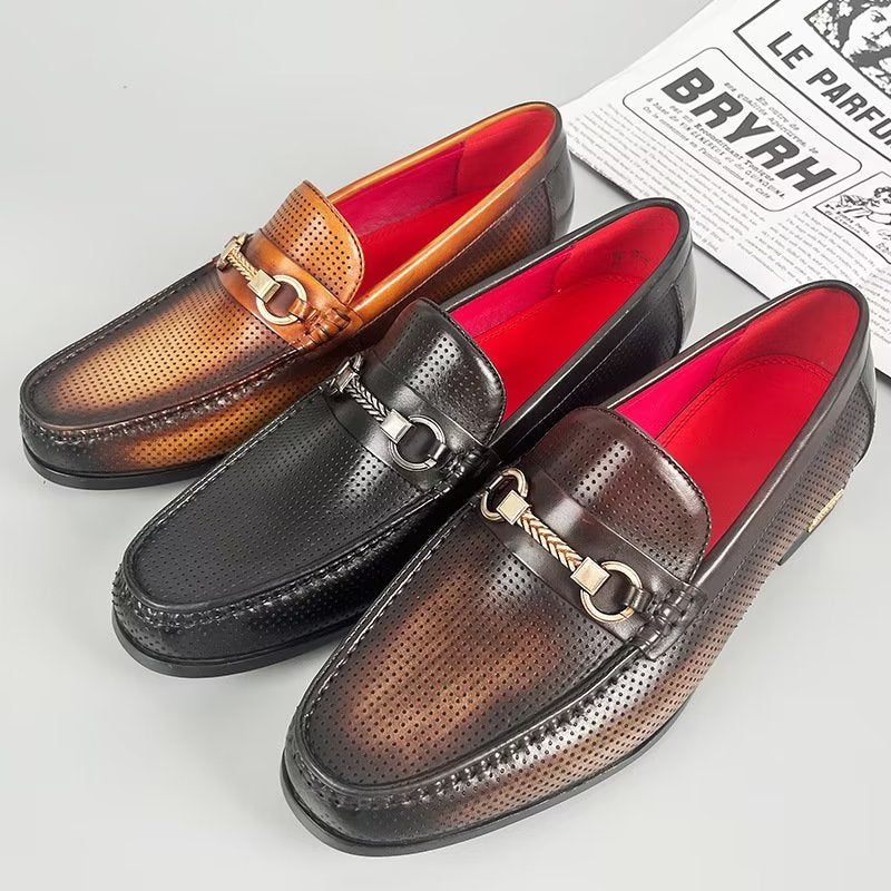 Mocassins Masculinos Elegantes Couro Genuíno Com Deslizamento Em - Marrom