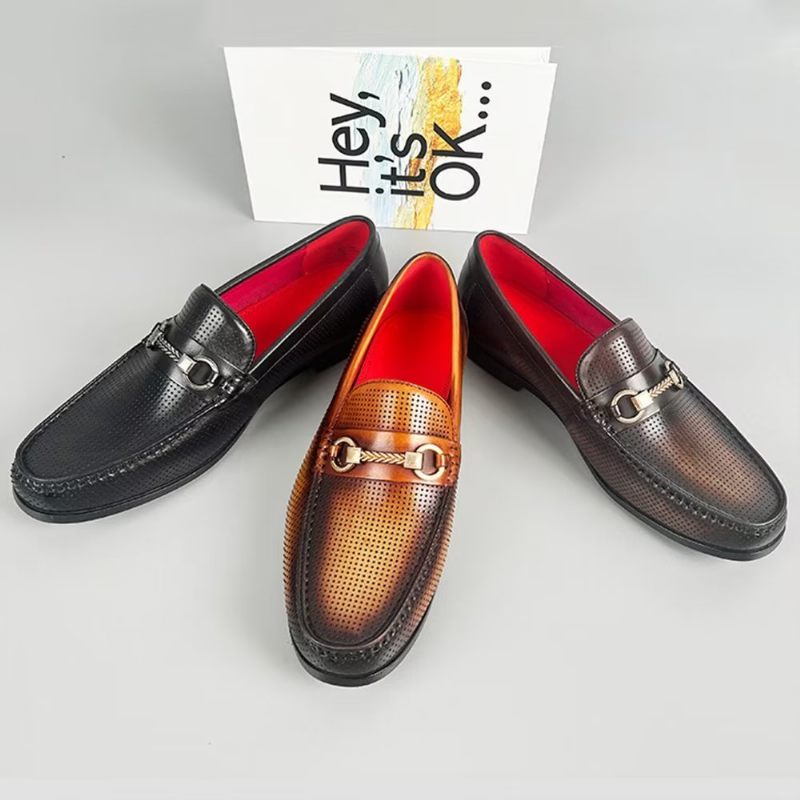 Mocassins Masculinos Elegantes Couro Genuíno Com Deslizamento Em - Marrom