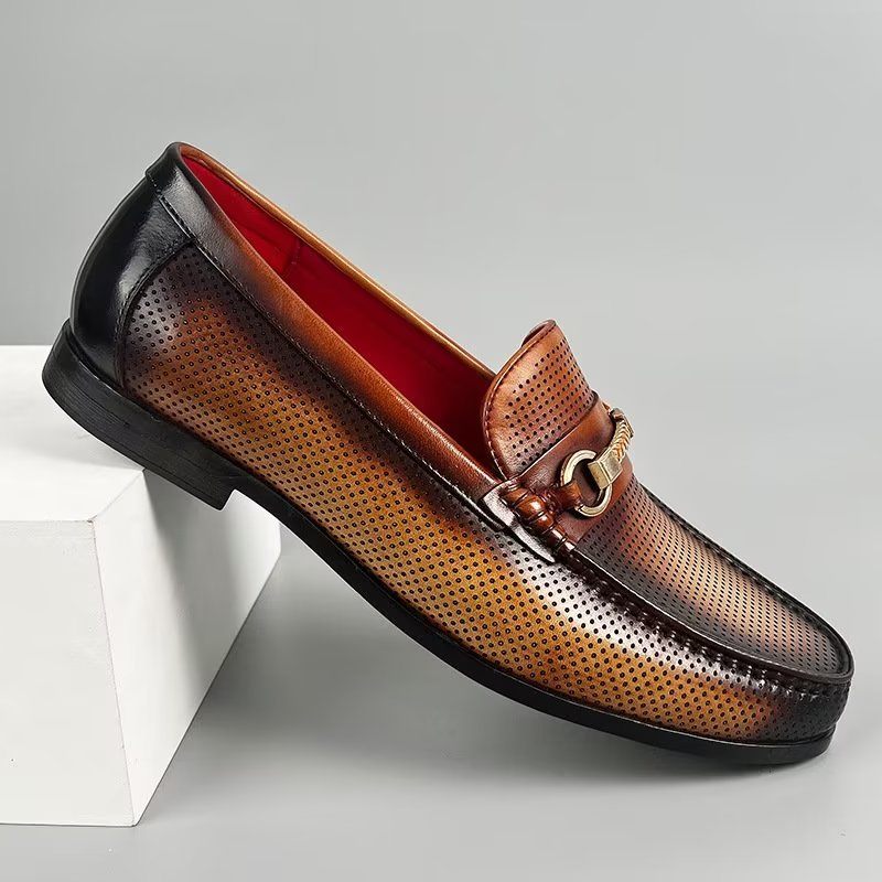 Mocassins Masculinos Elegantes Couro Genuíno Com Deslizamento Em - Marrom