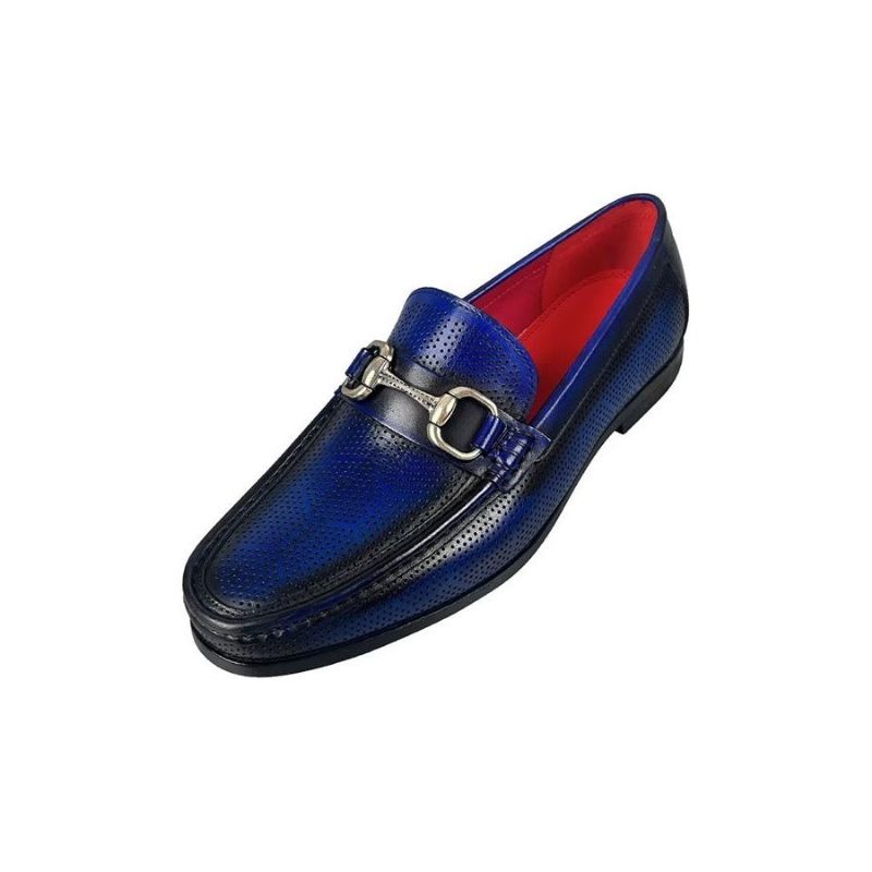 Mocassins Masculinos Elegantes Couro Genuíno Com Deslizamento Em - Azul