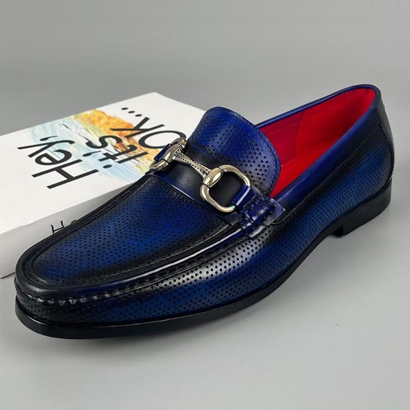 Mocassins Masculinos Elegantes Couro Genuíno Com Deslizamento Em - Azul