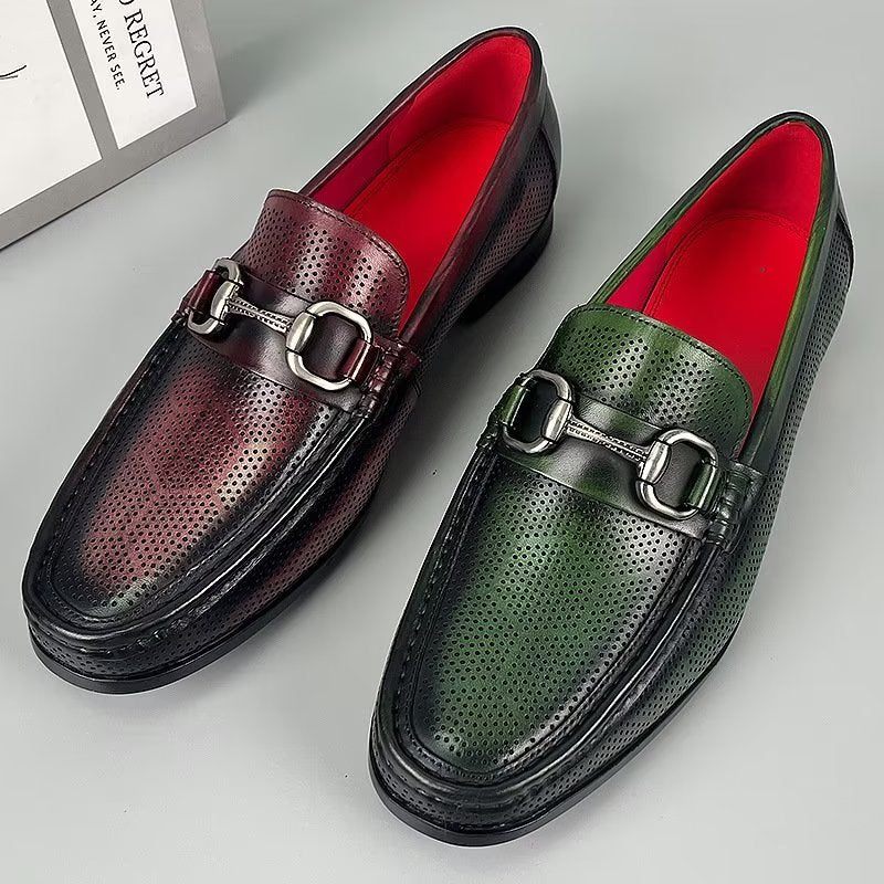 Mocassins Masculinos Elegantes Couro Genuíno Com Deslizamento Em - Verde