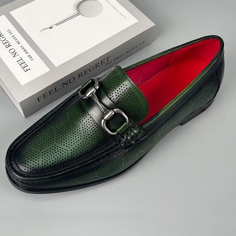 Mocassins Masculinos Elegantes Couro Genuíno Com Deslizamento Em - Verde