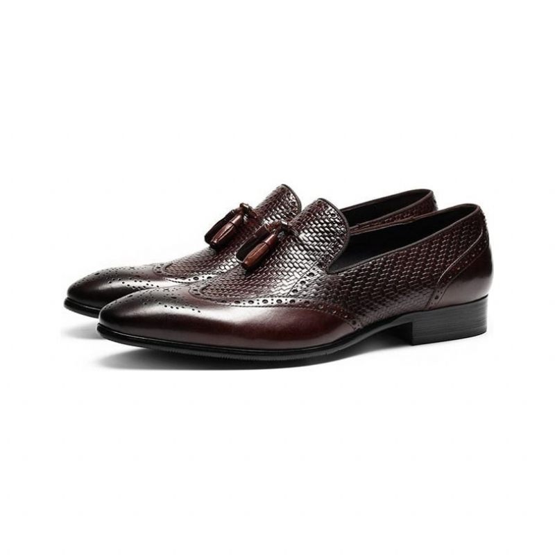 Mocassins Masculinos Esculpidos Com Bico Fino E Deslizamento Em - Vermelho