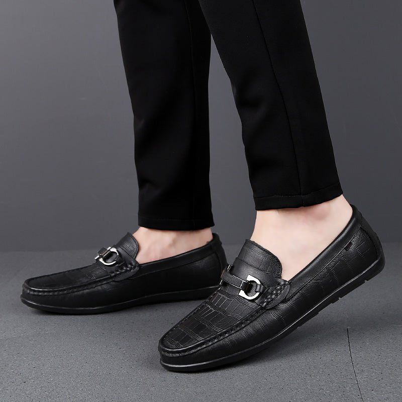 Mocassins Masculinos Exóticos Chiques Couro Crocodilo Respirável Para Dirigir - Preto