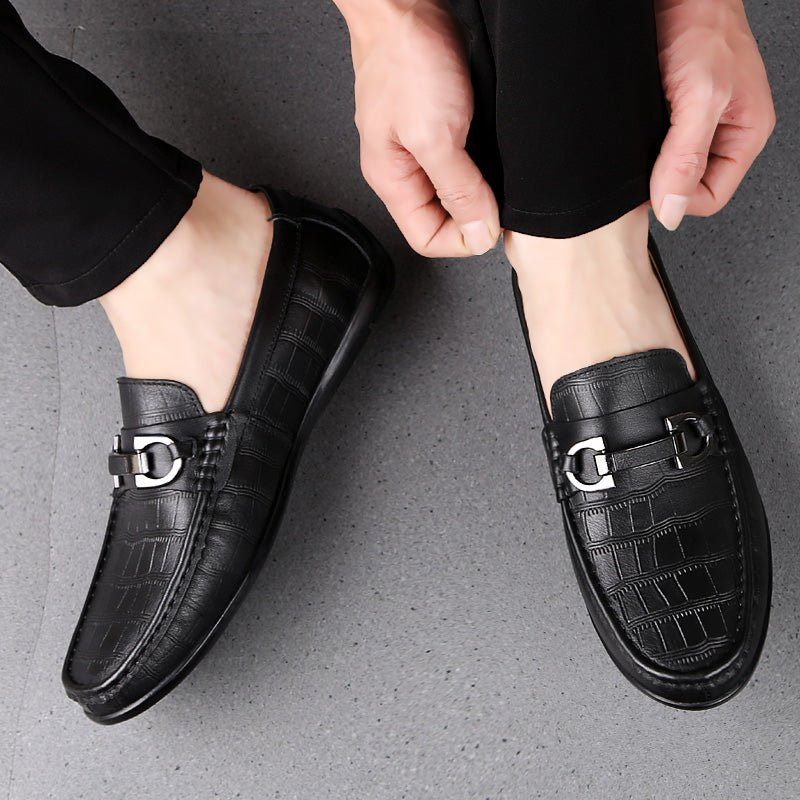 Mocassins Masculinos Exóticos Chiques Couro Crocodilo Respirável Para Dirigir - Preto