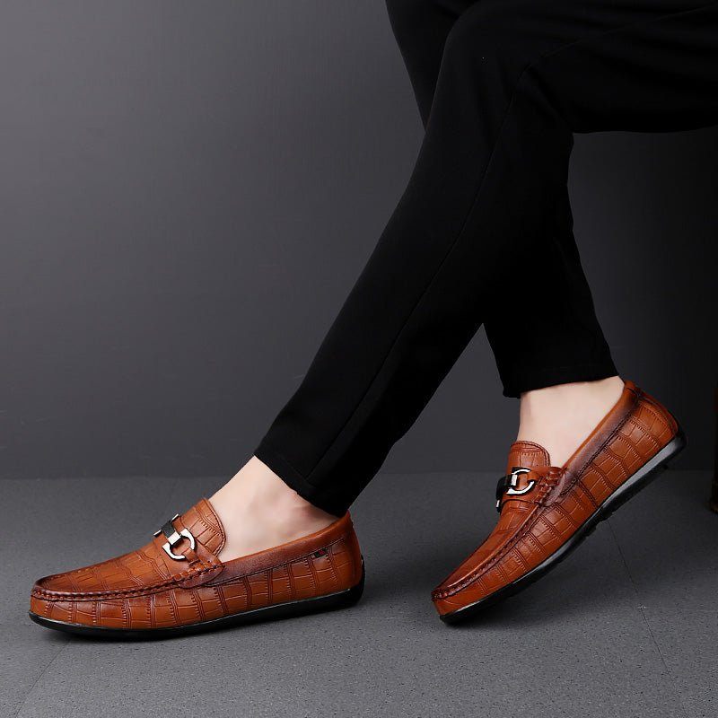 Mocassins Masculinos Exóticos Chiques Couro Crocodilo Respirável Para Dirigir - Café