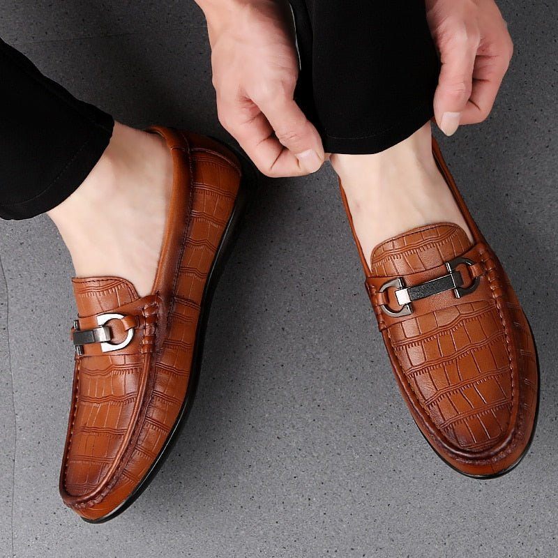 Mocassins Masculinos Exóticos Chiques Couro Crocodilo Respirável Para Dirigir - Café