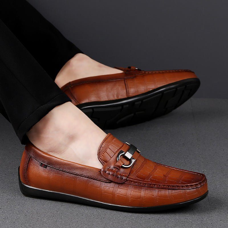 Mocassins Masculinos Exóticos Chiques Couro Crocodilo Respirável Para Dirigir - Café