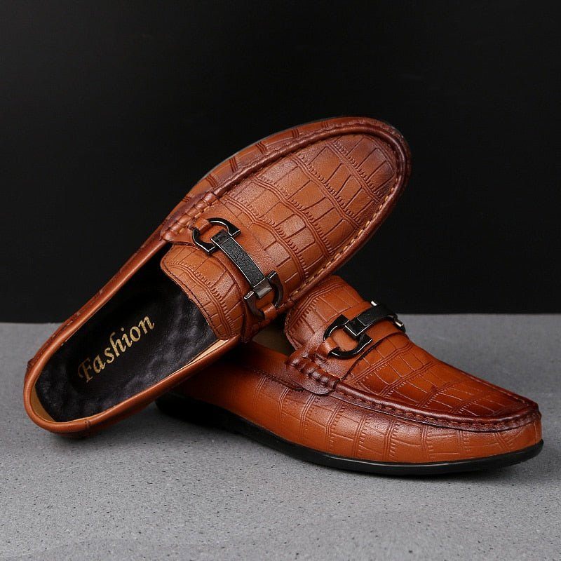 Mocassins Masculinos Exóticos Chiques Couro Crocodilo Respirável Para Dirigir - Café