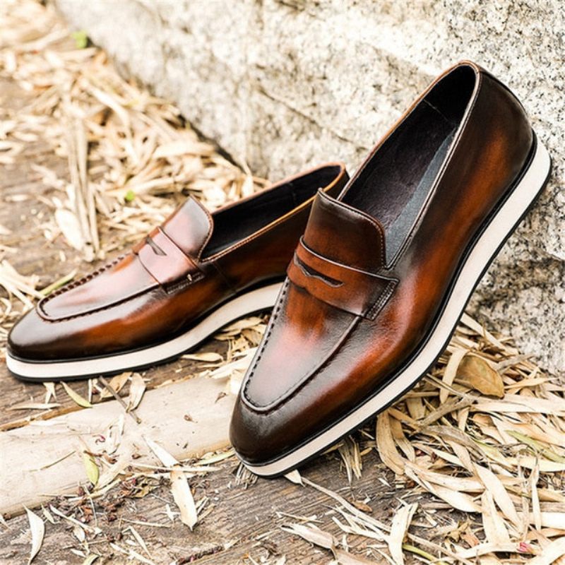 Mocassins Masculinos Exóticos Com Bico Fino E Slip-on - Café