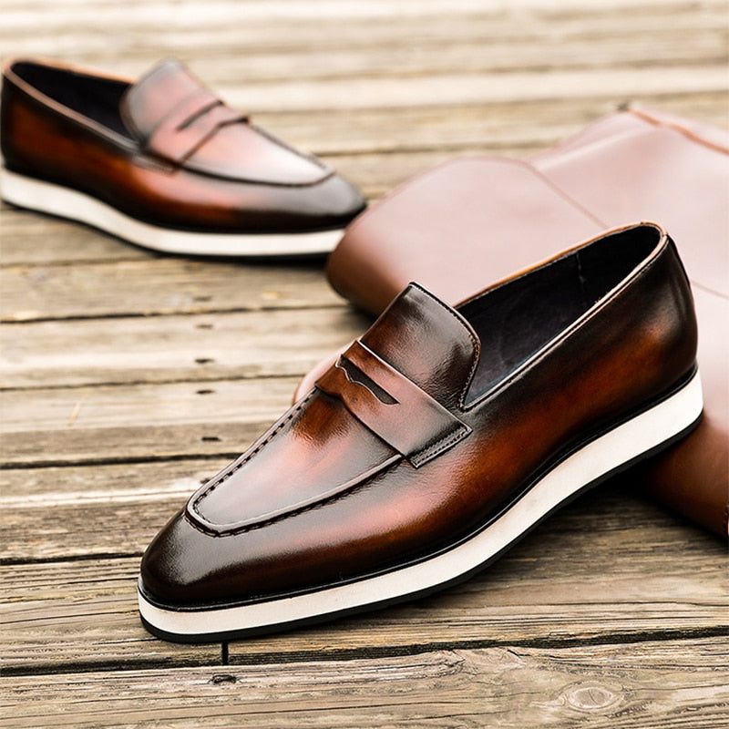 Mocassins Masculinos Exóticos Com Bico Fino E Slip-on - Café