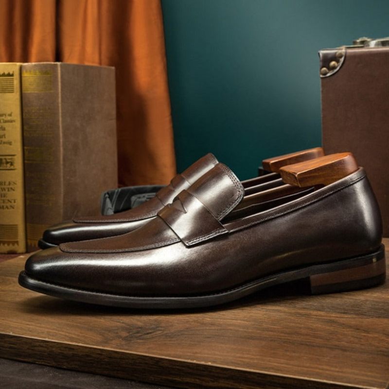 Mocassins Masculinos Exóticos Com Bico Pontiagudo Brogue - Café