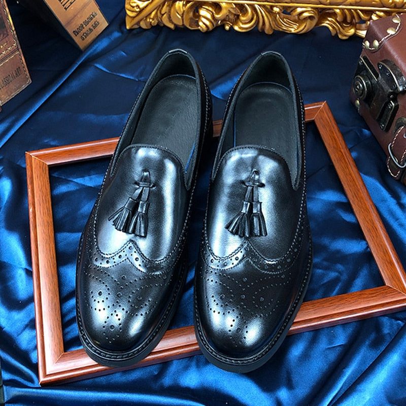 Mocassins Masculinos Exóticos Slip-on Brogue - Preto