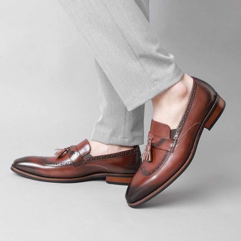 Mocassins Masculinos Exóticos Slip On Brogue - Marrom