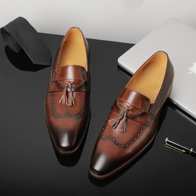 Mocassins Masculinos Exóticos Slip On Brogue - Marrom