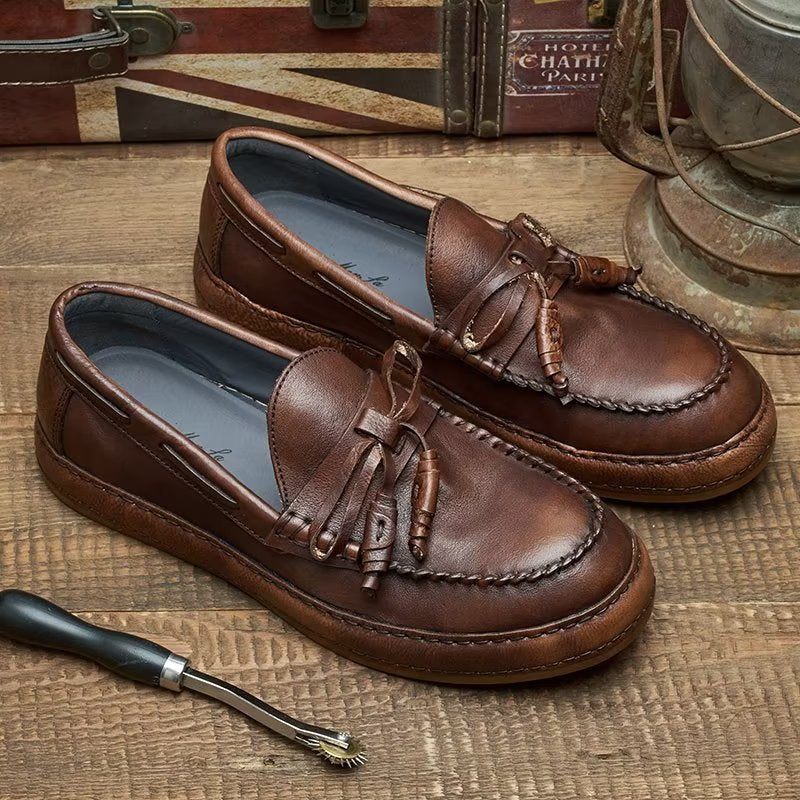 Mocassins Masculinos Luxo Com Borla Couro Vaca Elegantes Slip-ons - Café