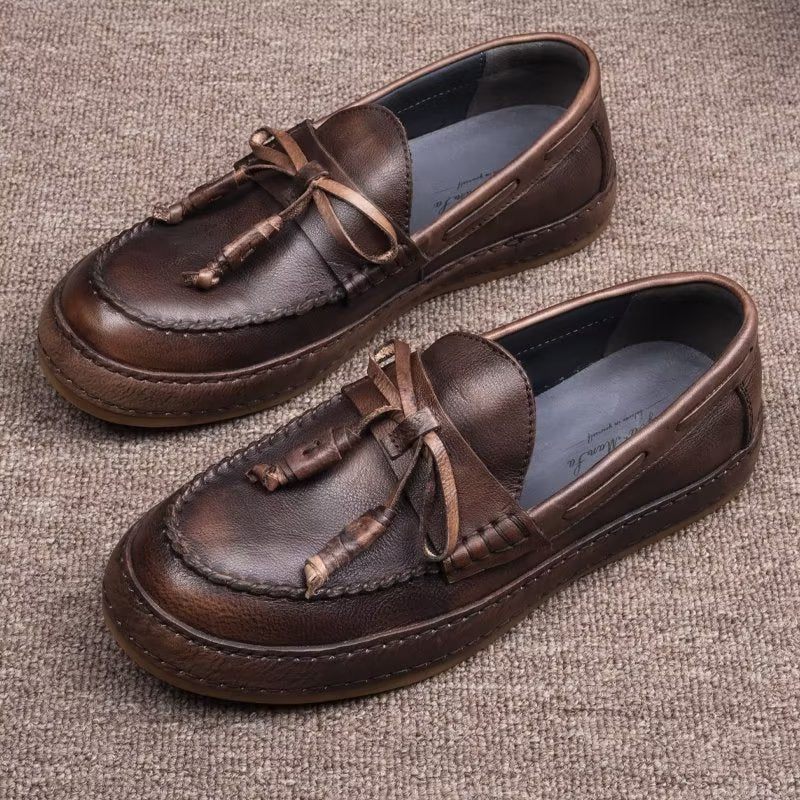 Mocassins Masculinos Luxo Com Borla Couro Vaca Elegantes Slip-ons - Café