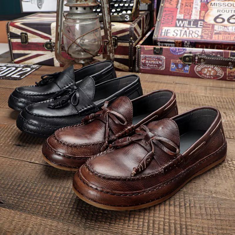 Mocassins Masculinos Luxo Com Borla Couro Vaca Elegantes Slip-ons - Café