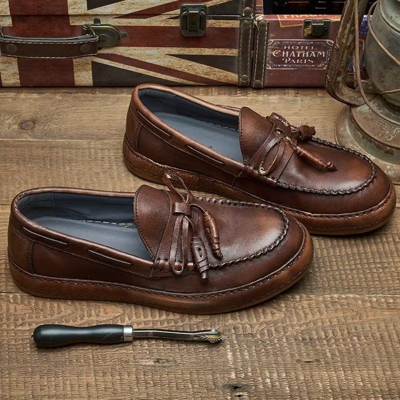 Mocassins Masculinos Luxo Com Borla Couro Vaca Elegantes Slip-ons - Café