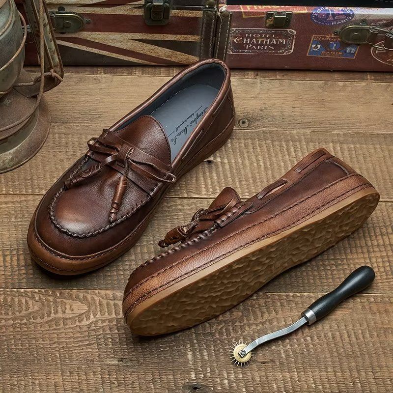 Mocassins Masculinos Luxo Com Borla Couro Vaca Elegantes Slip-ons - Café