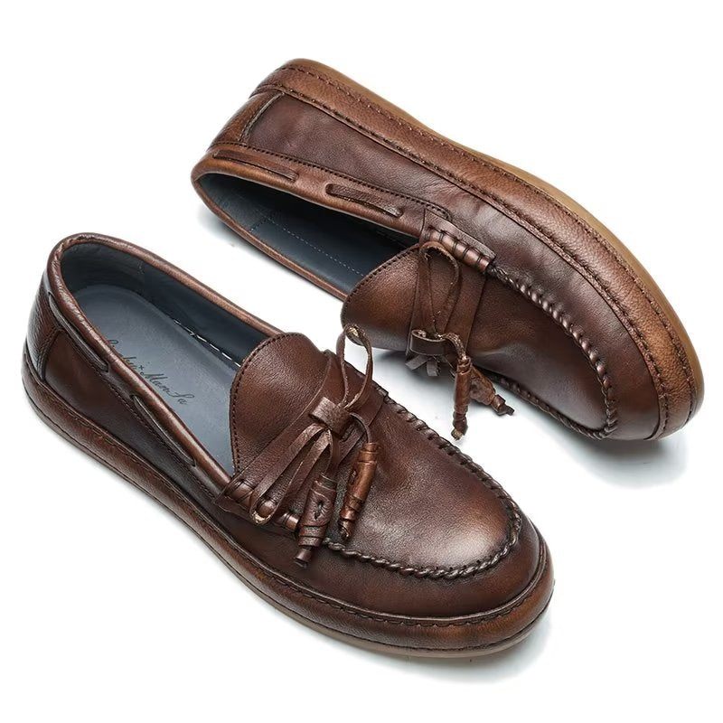 Mocassins Masculinos Luxo Com Borla Couro Vaca Elegantes Slip-ons - Café