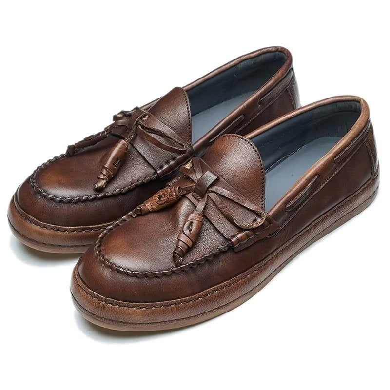 Mocassins Masculinos Luxo Com Borla Couro Vaca Elegantes Slip-ons - Café