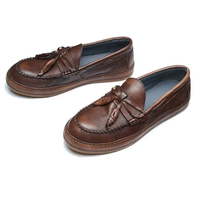 Mocassins Masculinos Luxo Com Borla Couro Vaca Elegantes Slip-ons - Café